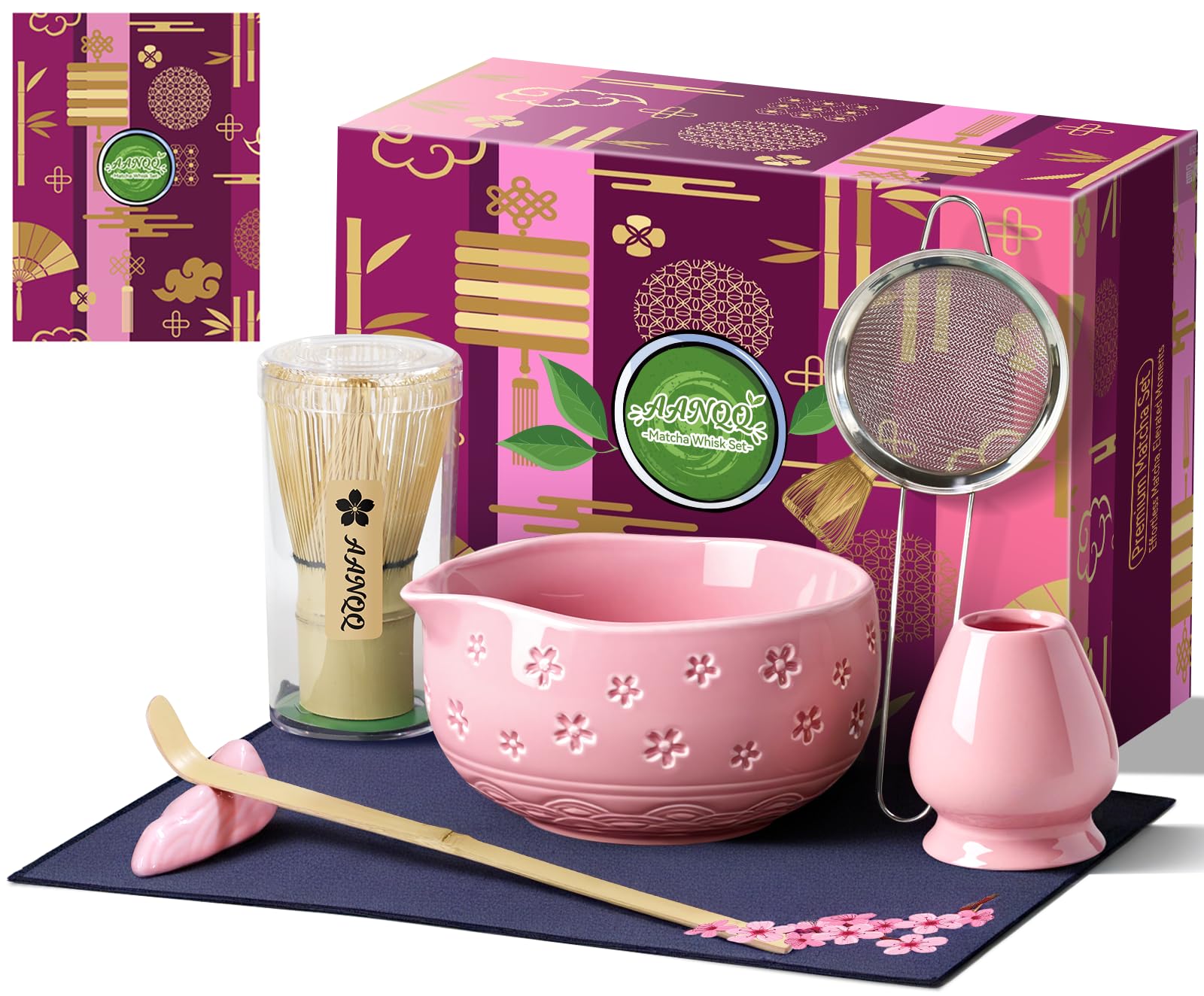 AANQQ Kit Matcha Rosa: Matcha Set 7 piezas - Cuenco de matcha con pico 560 ml - Chasen bambú matcha - Cuchara matcha y Colador de matcha Kit té matcha, Ideal para principiantes y amantes del matcha