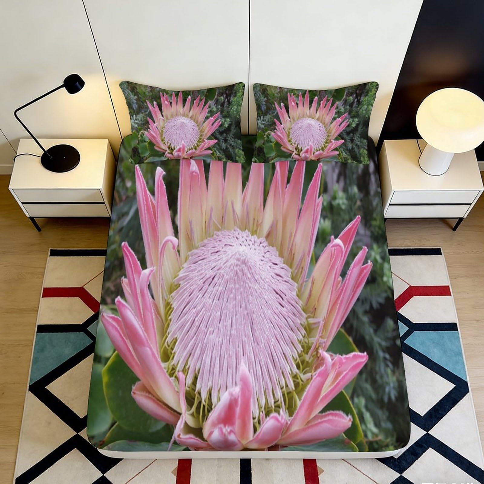 3D Printed Pink Protea Flower Fitted Sheet Microfiber Soft Mattress Cover Botanical Art Bedroom Dorm Decor 160x200x25cm