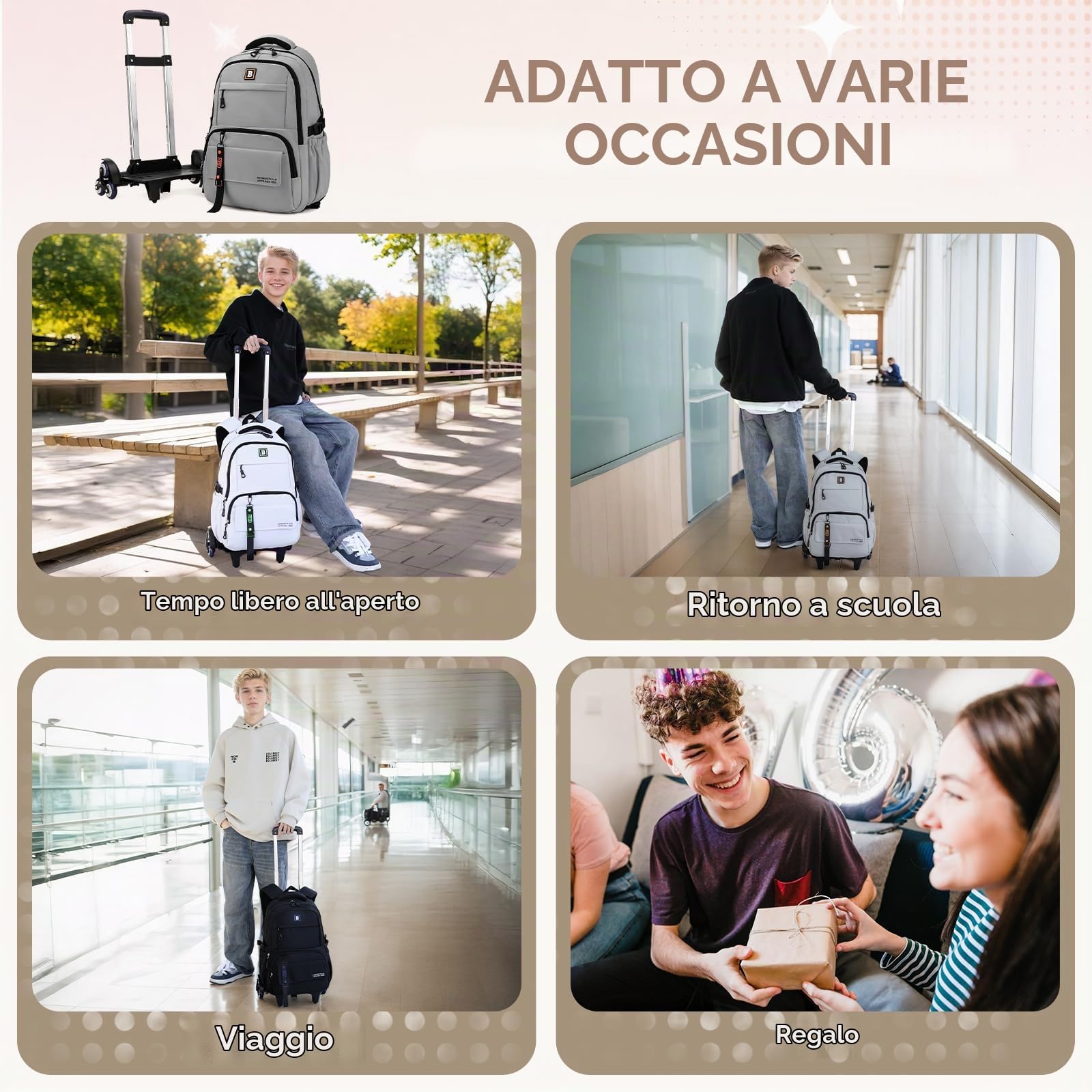 Amythe Zaino Trolley per Adolescenti, Zaini Scuola Media e Superiore per Ragazzi, Zainetto Casual per Uomo alla Moda Leggero da 31 Litri, 6 Ruote, Grigio