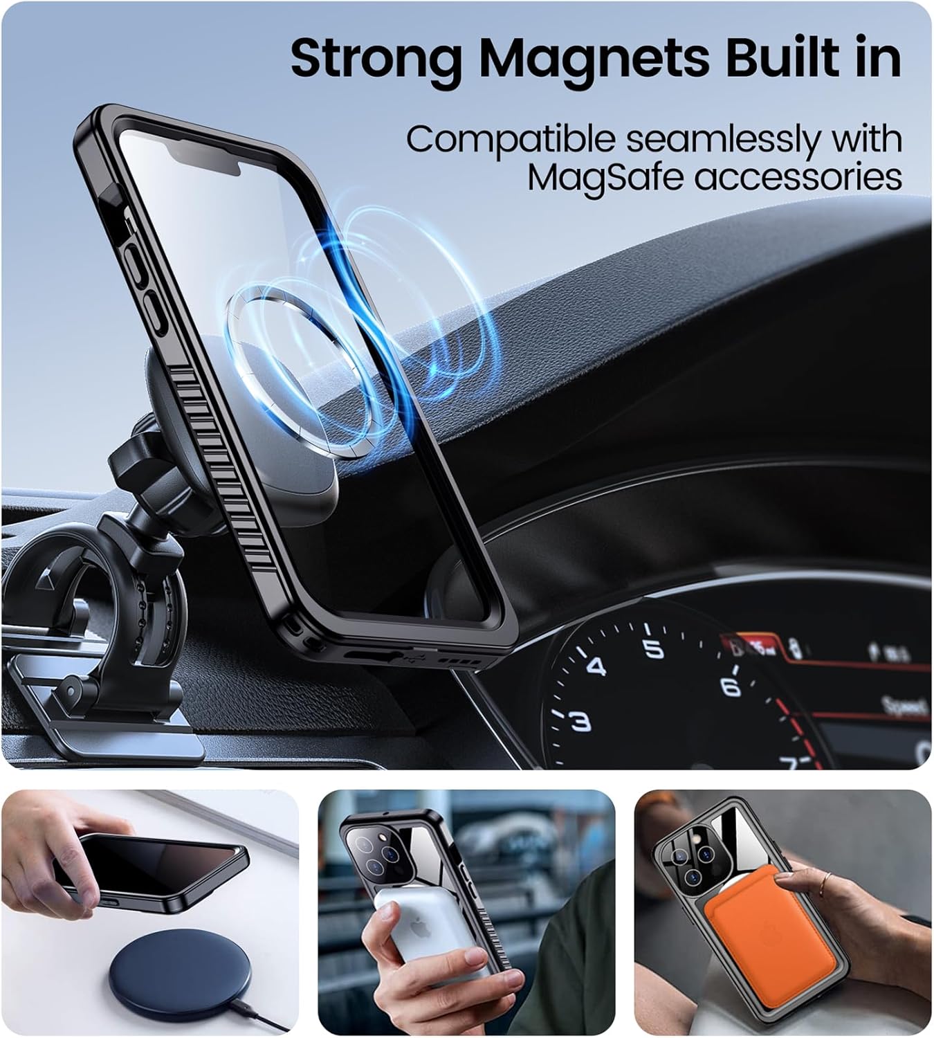 Temdan Magnetic for iPhone 13 Pro Case Waterproof,Built-in Screen Protector[IP68 Underwater][Upgrade Military Dropproof][Compatible with MagSafe] Full Body Shockproof for Phone Case 6.1'' Black