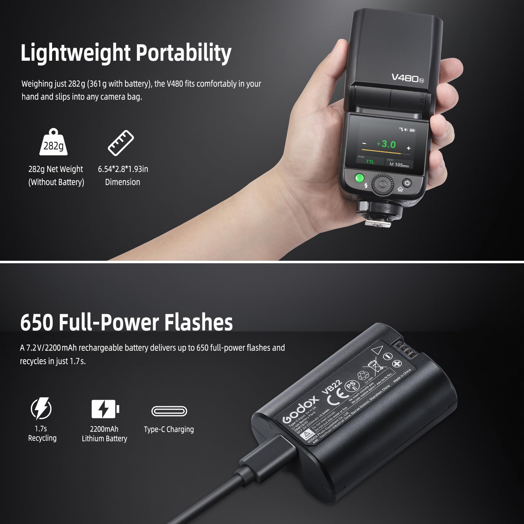 GODOX V480N V480 N TTL Kamera Flash Speedlite für Nikon, GN50 2.4G 1/8000 HSS, V480N 650 Luces de Plena Potencia, Compatible con cámara Nikon