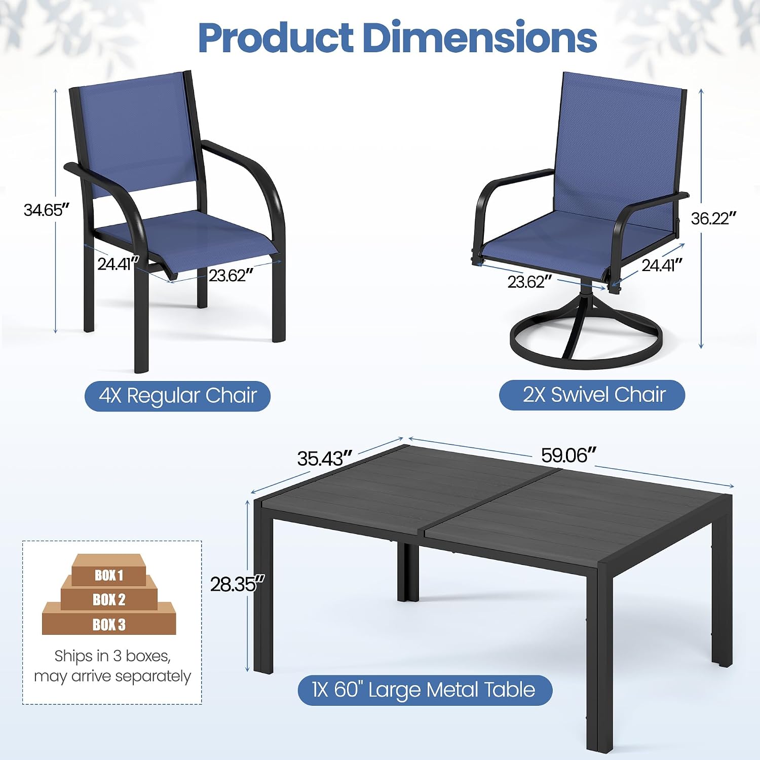 Outdoor Dining Set for 6, Metal Patio Table and Chairs Set with 2 Swivel Chairs, 4 Regular Textilene Chairs and 1 Large Table, Modern Patio Furniture Set for Deck Backyard (Navy Blue)
