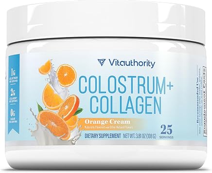 Colostrum Collagen Powder Hydrolyzed Peptide HydroPeach Gut Health Skin & Immune Support | 1g Bovine Colostrum, 2g Collagen Peptides, 20mg Peach Ceramides | Orange Cream Flavored 25 Servings, No Sugar