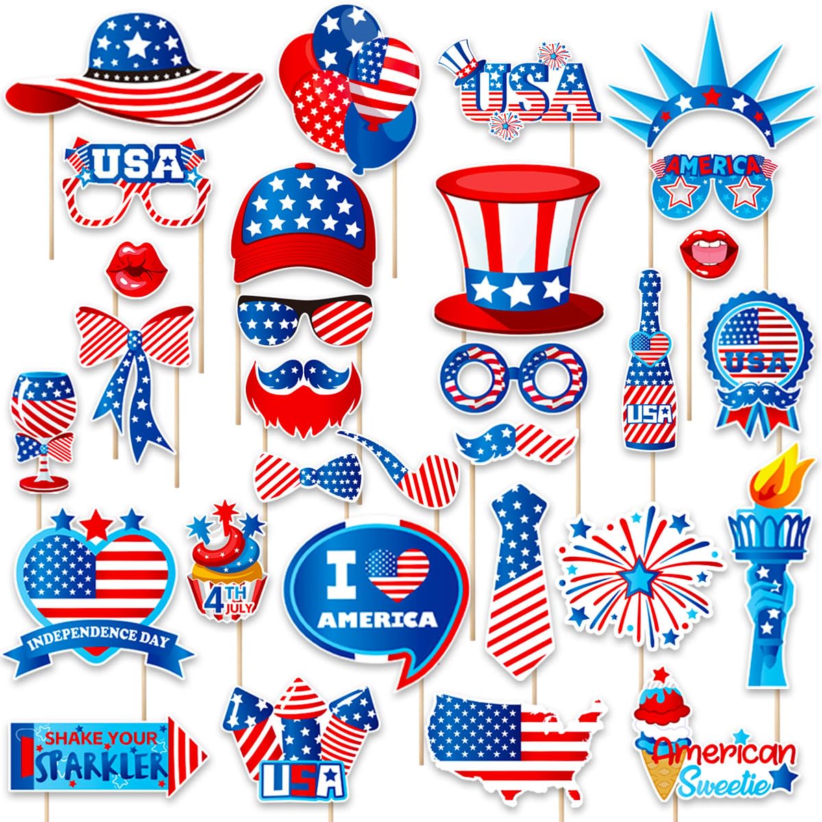Independence Day Photo Booth Props with Sticks,4th of July Photo Booth Props,Patriotic Party Decorations (25CT)