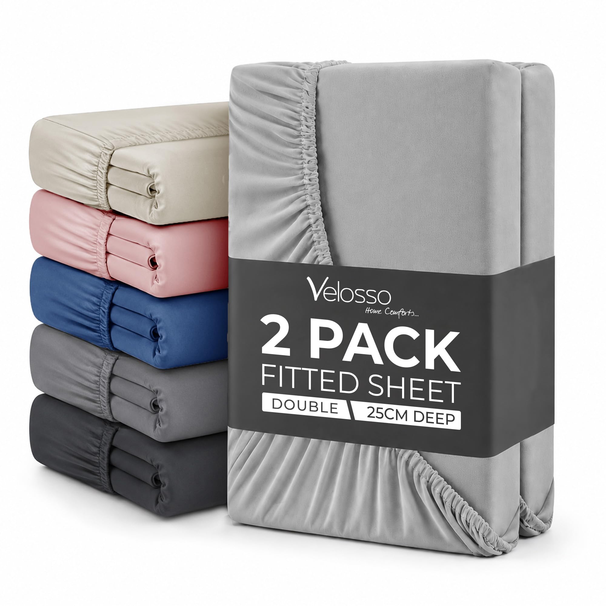 Plain Dye Fitted Sheet 25cms Pocket Soft Brushed Microfibre Fabric Mattress Bottom Bed Sheets (Grey, Double 2 Pack)