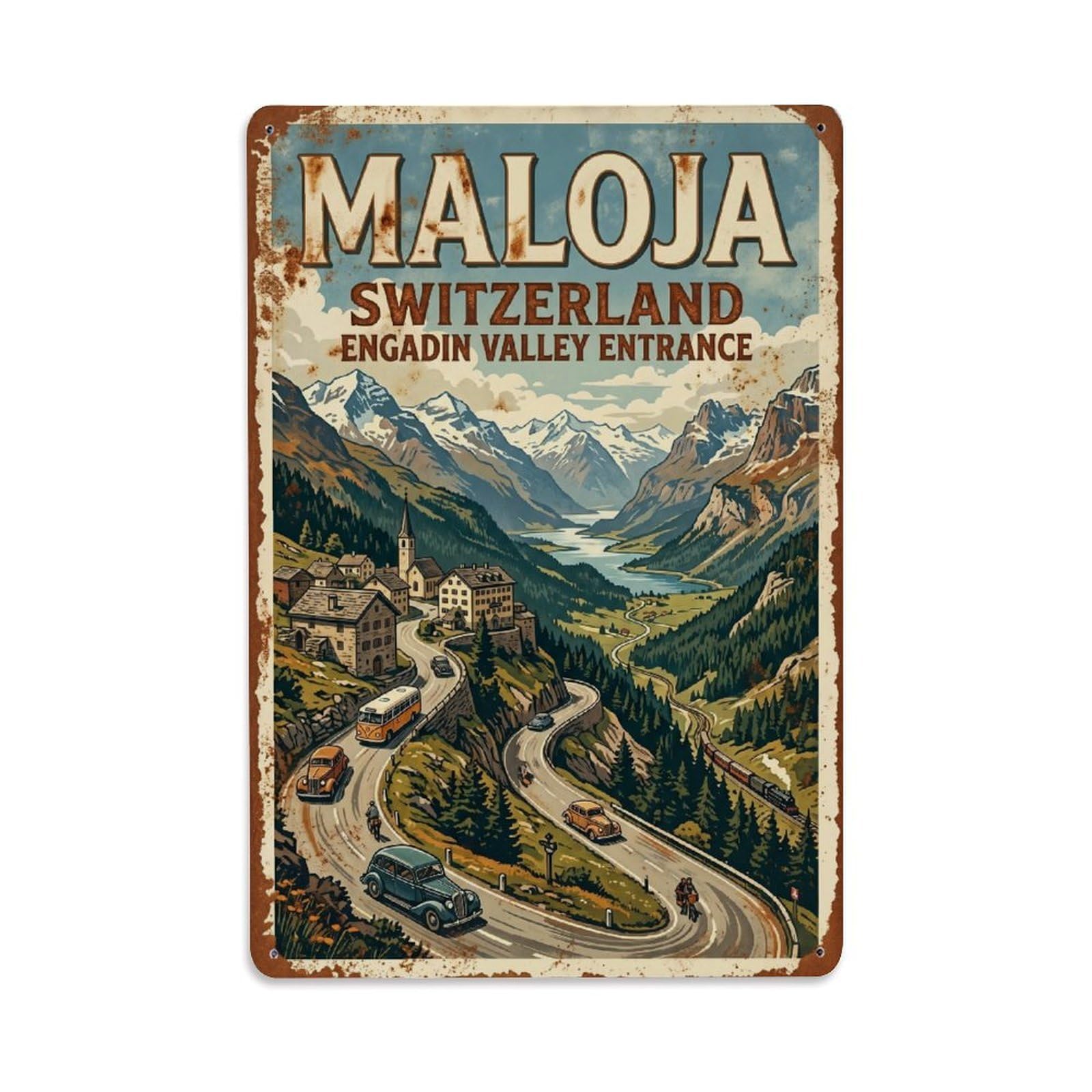 Vintage Travel Maloja Switzerland Metal Tin Sign