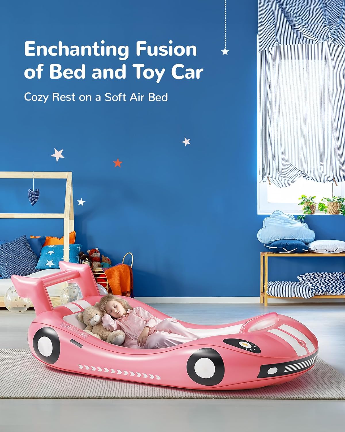 qpau blow up inflatable toddler travel bed with sides, toddler air mattress for camping, traveling, hotel, or home use, hand pump included (pink)