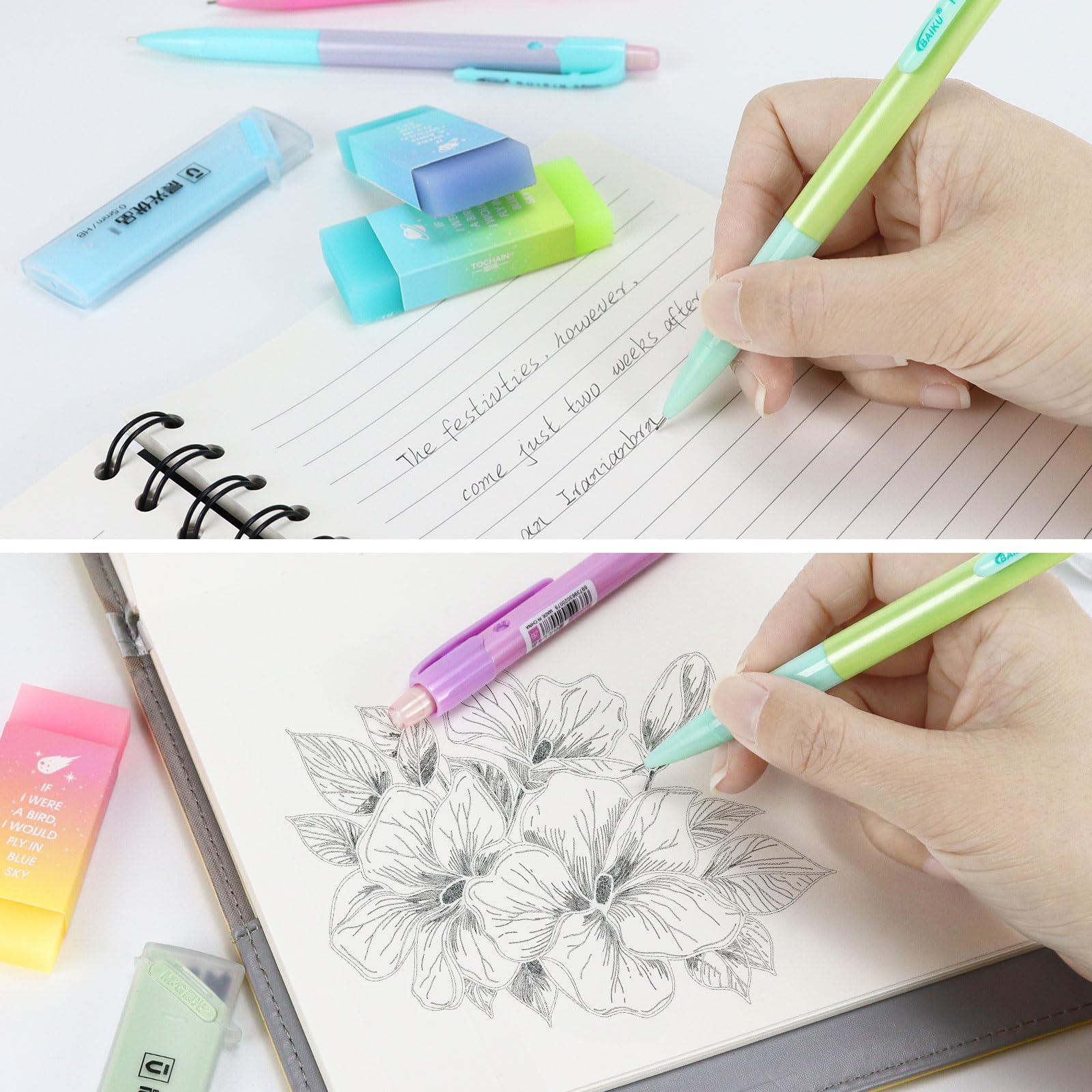 Buqoo Juego de portaminas, 5 lápices mecánicos pastel de 0.5 mm, 3 gomas de borrar degradadas de gelatina de caramelo con 80 recambios de mina HB 0.5 y bolsa con cremallera para arte, lápices de
