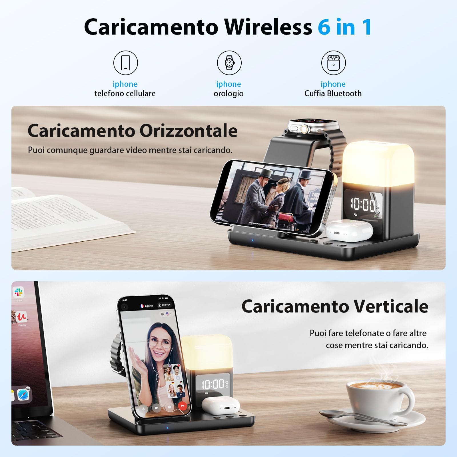 Augnner Stazione di ricarica induttiva per iPhone 16/15/14/13/12/11 Serie, caricatore wireless 6 in 1 con lampada da comodino e sveglia, caricatore wireless compatibile AirPods 4/3/2/Pro