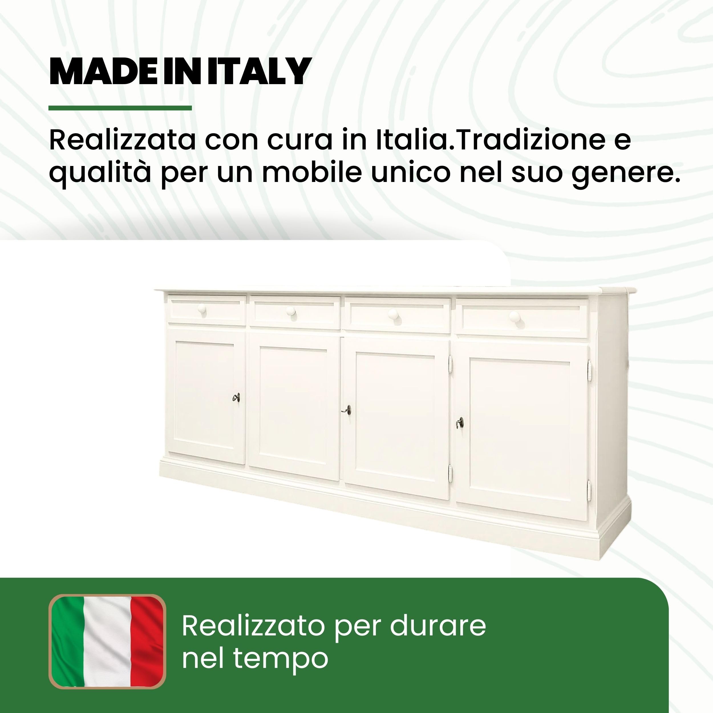 Mar.c.a. Design - Credenza Arte Povera in Legno 205x42x86 cm con 4 Ante e 4 Cassetti - Madia Legno Made in Italy