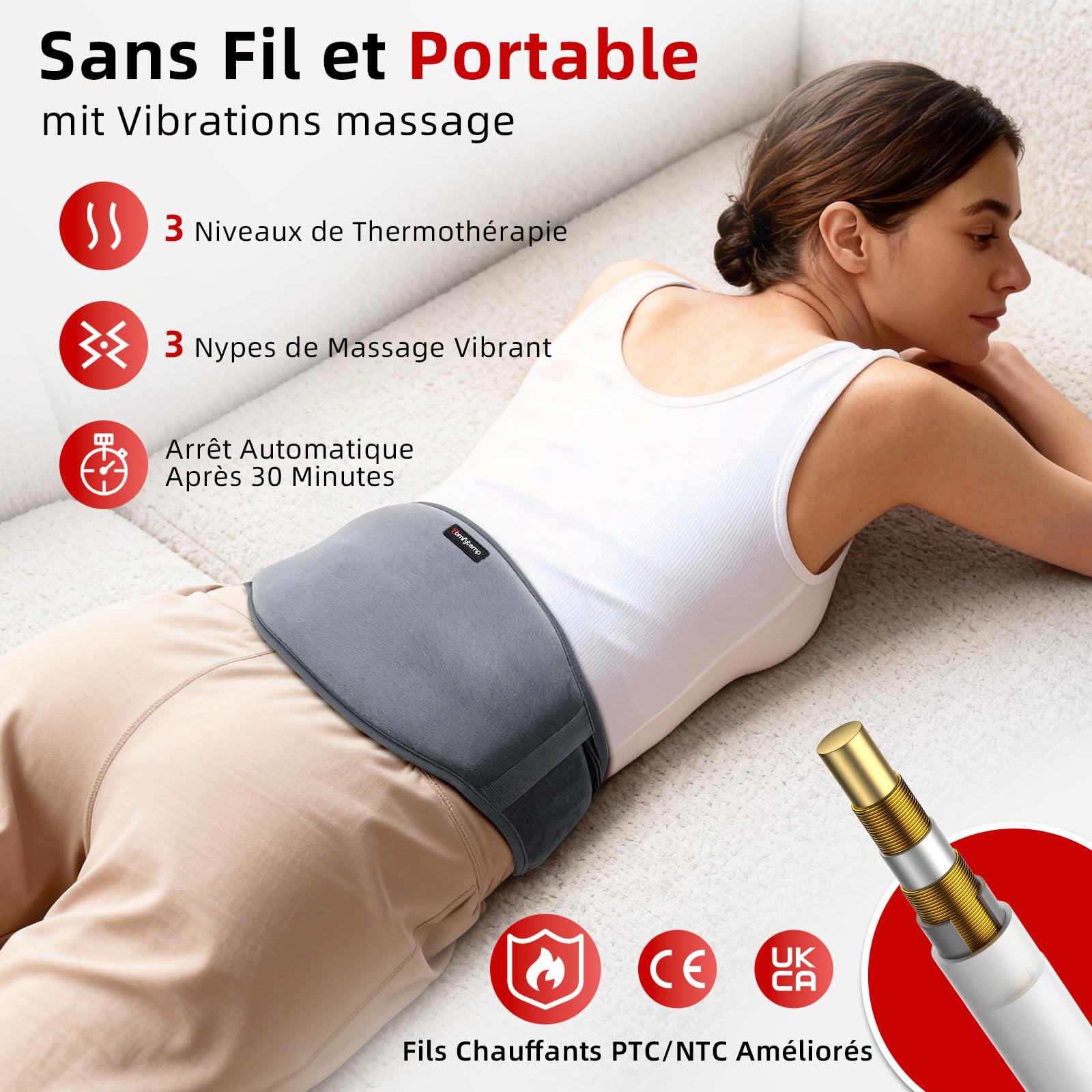 Comfytemp Ceinture Chauffante Lombaire, Coussin Chauffant Pour Dos Sans Fil