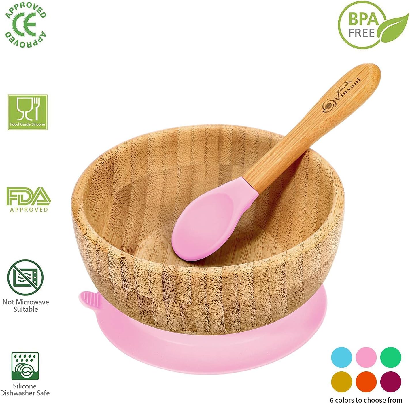 Vinsani Bamboo Bowl and Spoon Set for Baby/Toddler, Suction Plate, Stay-Put Design, Hypoallergenic and BPA-Free (Pink) - Image 4