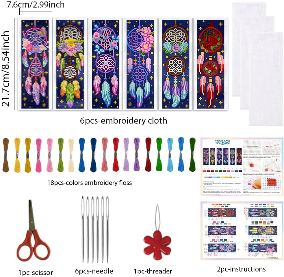 ORIGACH 6 Set Dream Catcher Cross Stitch Bookmark Kit for Beginner