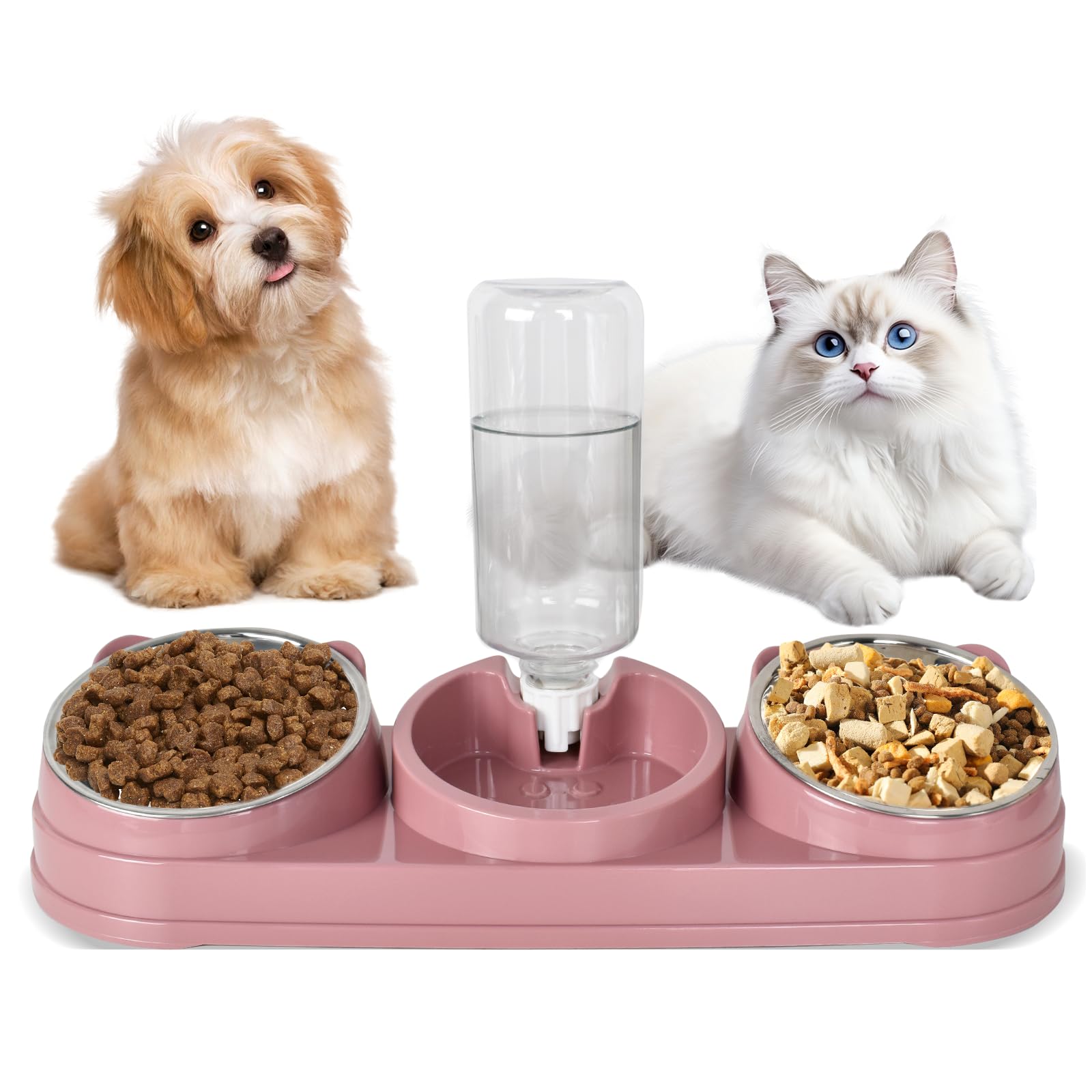 Comedero Gato - 3 en 1 Comedero Doble con 500 ml Botella Agua, Comedero Elevado e Inclinado con Separación de Secos y Húmedos, Comedero Metálico para Perros Pequeños y Medianos (Pink)
