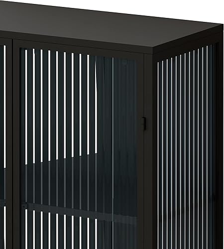 Miniatura 8 de Armario moderno de dos puertas de vidrio de 61.61 pulgadas con almacenamiento de tres niveles, consola de aparador, gabinete de almacenamiento de