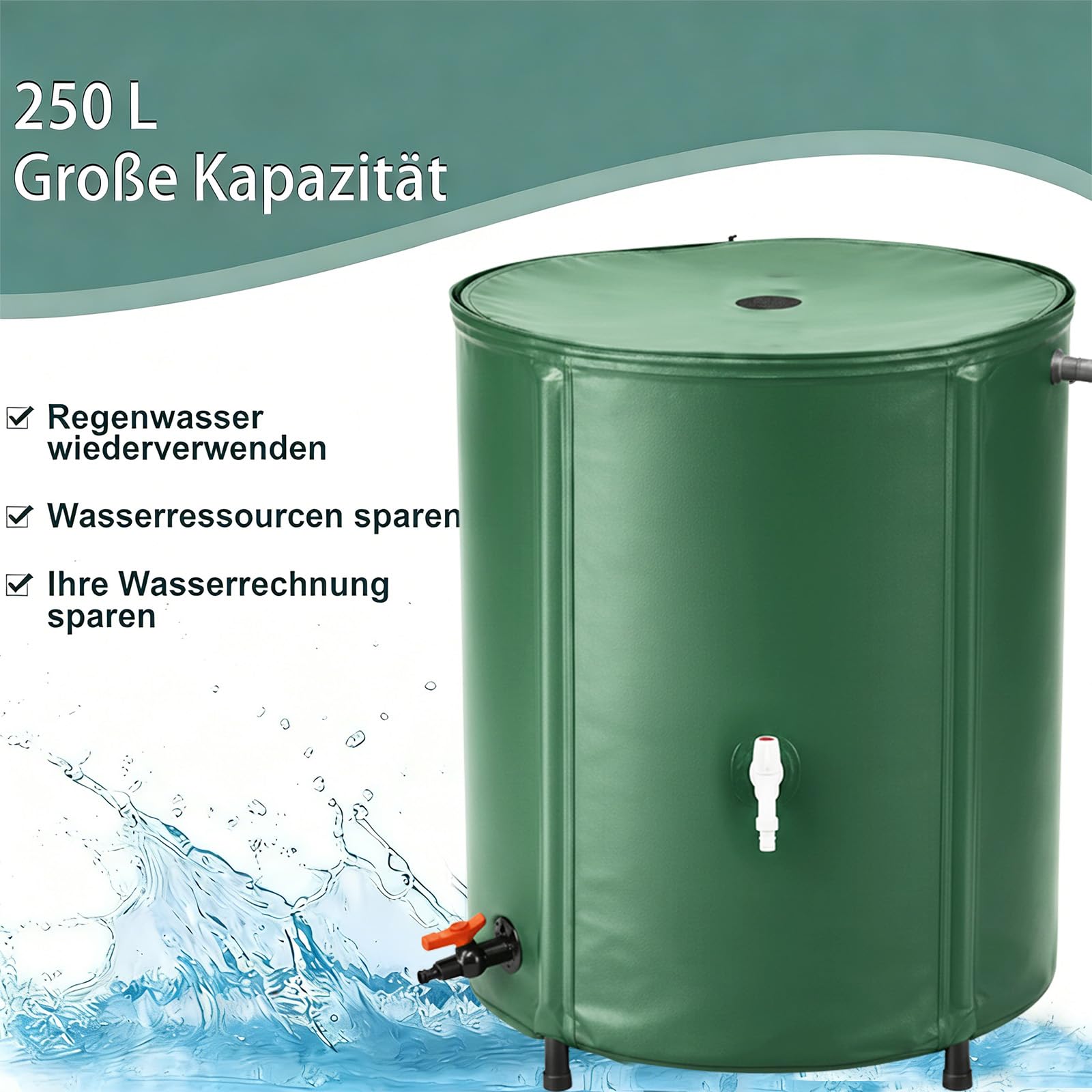 Faltbare Regentonne 250L Regenwassertank aus PVC Gartenwassertank mit Deckel, Wasserhahn, Überlaufventil Regenwassertonne Regensammler platzsparender Regenfass für Garten, Terrasse und Balkon