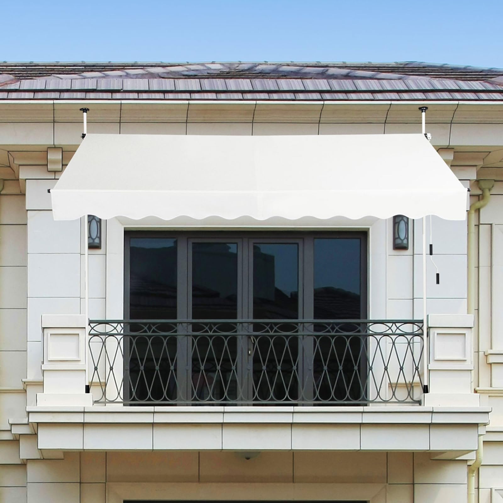 FANTASK Store de Balcon réglable en Hauteur - 300 cm de Large - avec manivelle - sans perçage - Résistant aux UV - Imperméable - Beige
