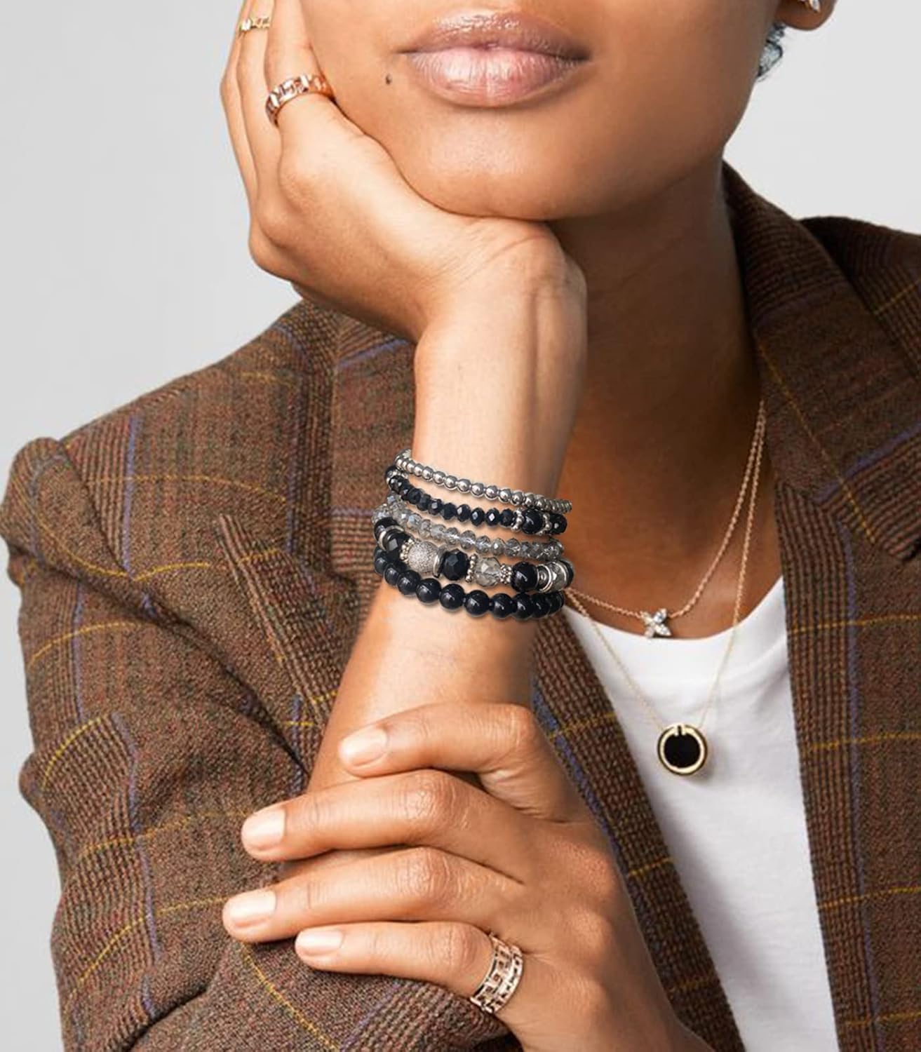 Noessla Beaded Pearl Stretch Bracelet Silver Stackable Crystal Beads Bracelets Trendy Costume Jewelry Mothers Day Gifts for Women - Image 4