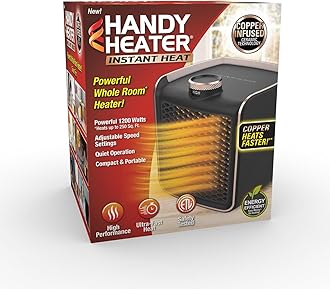 Handy Heater Instant Heat - Copper Infused Ceramic Technology Space Heater, 1200 Watts, Portable Heater for Office, Bedroom or Any Indoor Space, Adjustable Heat, Quiet & Cordless Personal Heater