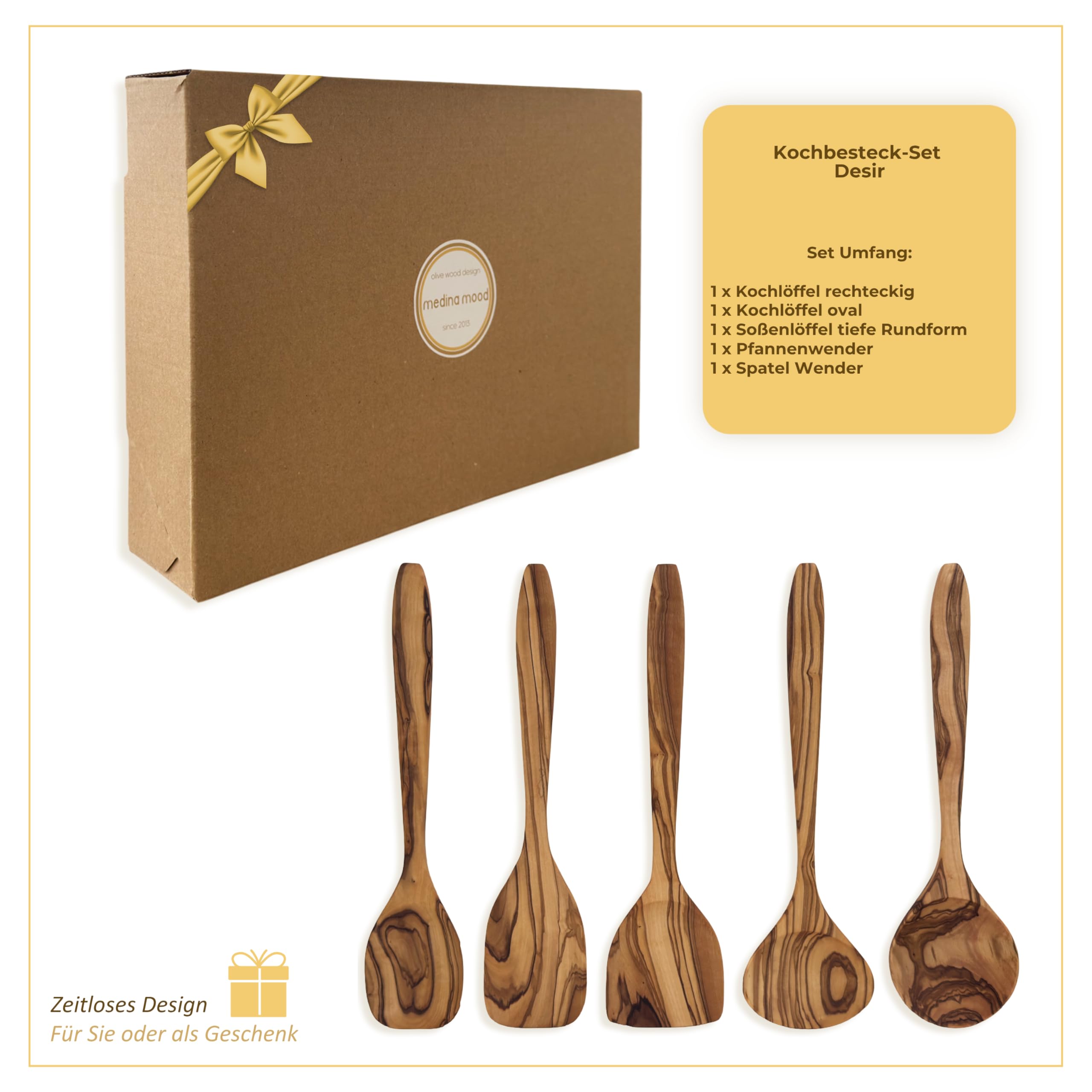 Kochbesteck Set „Desir“ aus Olivenholz – 5-teilig, 30 cm, Holz Kochlöffel & Küchenhelfer Set, langlebig, natürliche Maserung