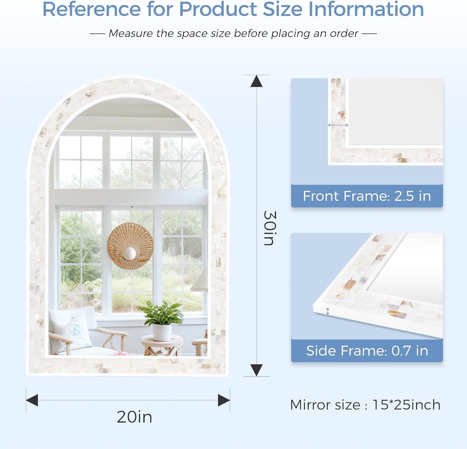 Tanmicoshomy Arched Bathroom Mirror 20x30 Inches, Natural Shell and White Wood Framed Mirrors with Tempered Glass for Bathroom Living Room Bedroom or Entryway