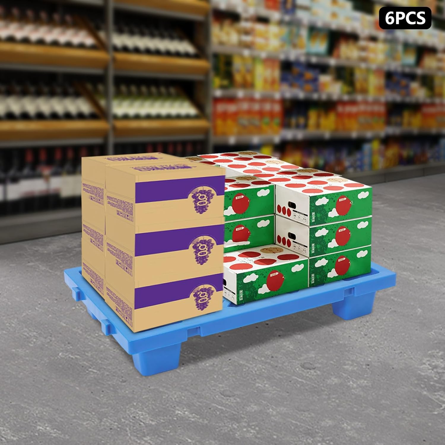 6 Pcs Plastic Pallets, Stackable Floor Pallets with Ventilated Grids, 220lbs Capacity Each, Indoor/Outdoor Use for Warehouse Factory Garage, Blue