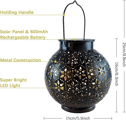 Miniatura 5 de Paquete de 2 faroles solares para exteriores, luces LED colgantes solares para exteriores, faroles decorativos con energía solar para jardín, patio,