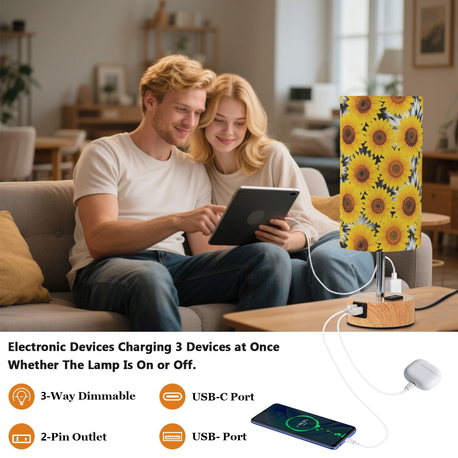 Yuiboo Lampa stołowa ze sterowaniem dotykowym z portami USB C+A, lampa biurkowa do nauki czytania