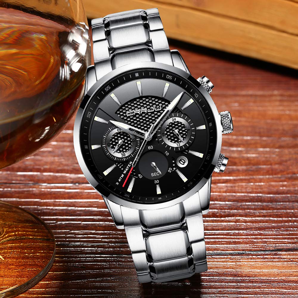 CRRJU Reloj de pulsera para hombre, cronógrafo, de cuarzo, impermeable, correa de piel negra