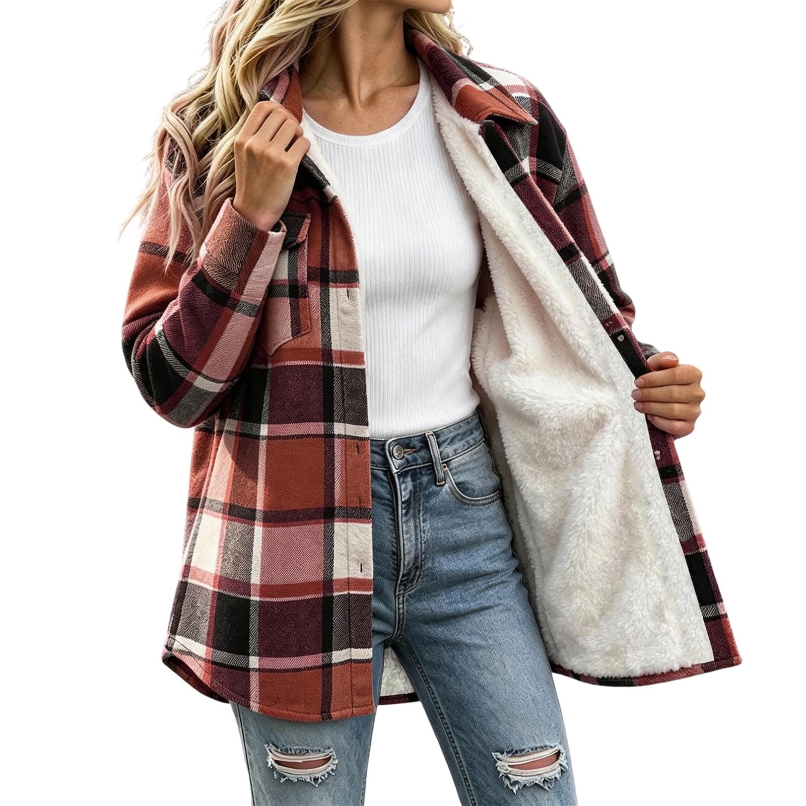 Flanellhemd Damen Warm Gefüttert Hemdjacke Lang Fleecejacke Winterhemd