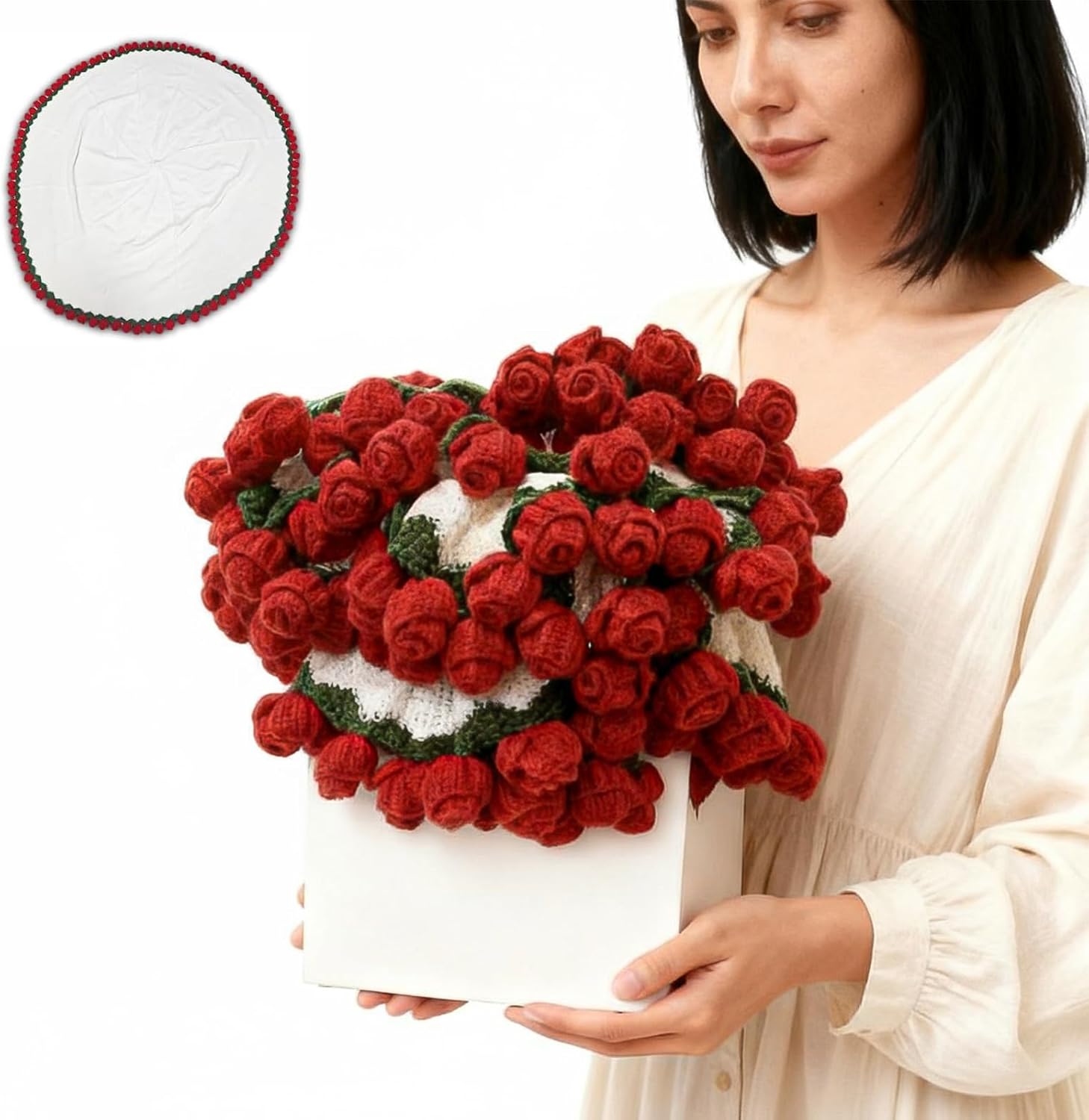 Crochet Flower Blanket Throw Blanket Bouquet, Handmade Rose Bouquet Blanket for Sofa Bed Decor, Crochet Flower Throw Blanket for Mom Birthday Mother's Day Valentine's Day (43.3IN)