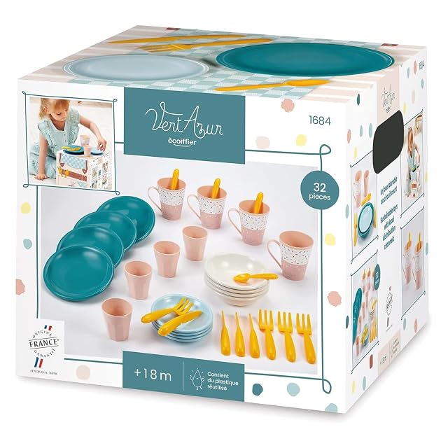 Ecoiffier- Set de Picnic Infantil Vert Azur, 32 Piezas, Juego de Imitación para niños