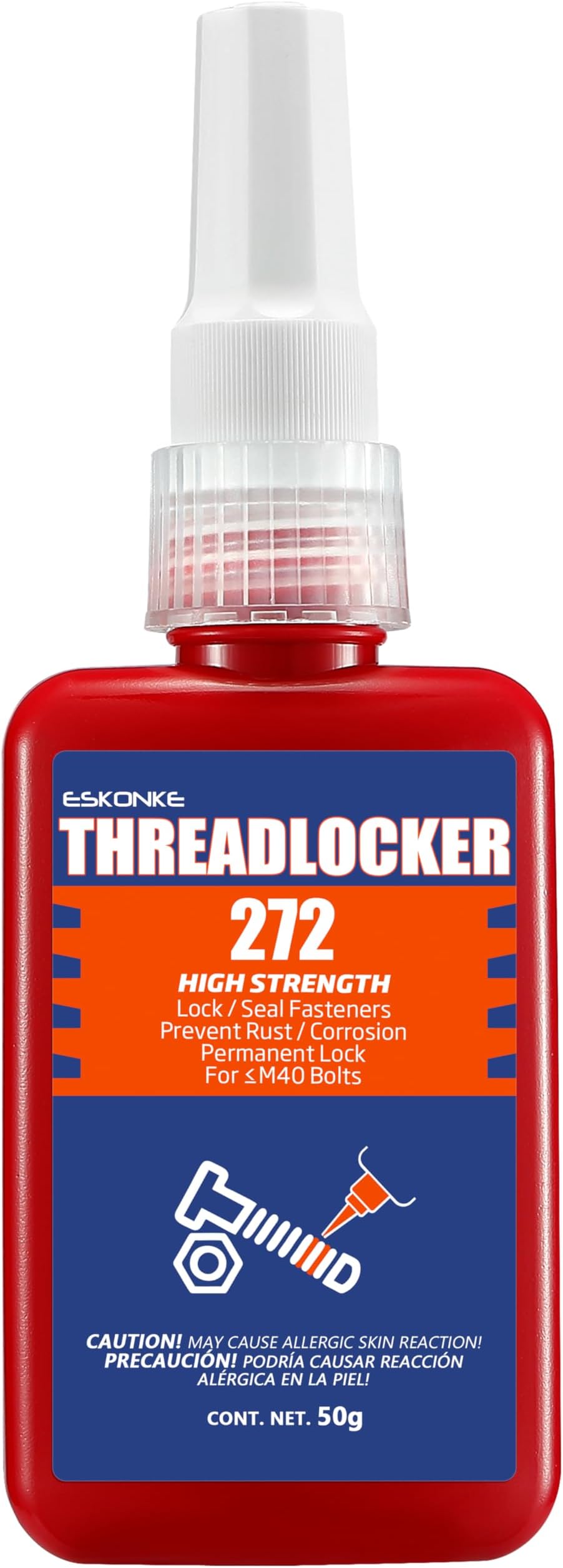 ESKONKE Thread Locker Orange 272 - Permanent Threadlocker Metal Glue for Nuts, Bolts, Fasteners High Strength Screw Glue to Prevent Loosening & Corrosion 1.69 Oz/50 ml