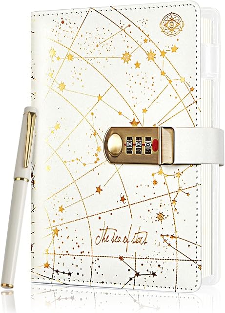 Lock Journal Combination Lock Writing Travel Diary Diary with Lock A5 PU Leather Journal Notebook with Combination Lock for Girls, Boys, Adult (White)