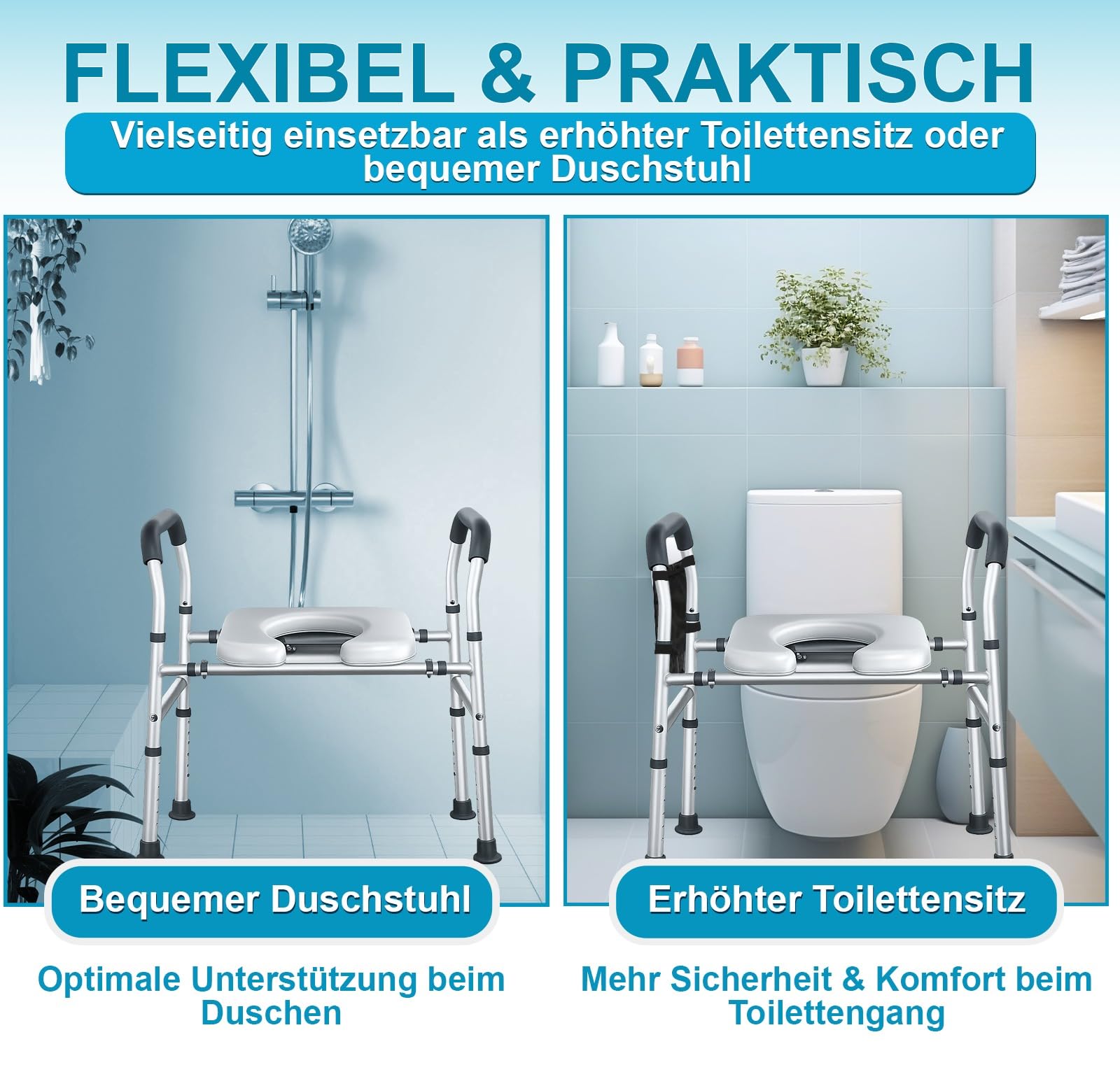 Toilettensitzerhöhung mit Griffen WC-Sitzerhöhung mit Aufstehhilfe 8-fach höhenverstellbar breitenverstellbarer erhöhter Toilettensitz stabiler Toilettenerhöhung, mit deutscher Anleitung