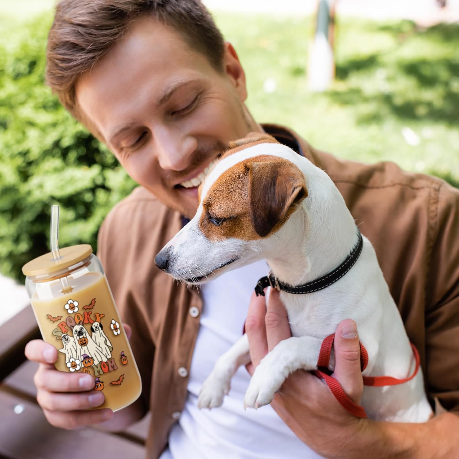 Honeydak Halloween Ghost Glass Cup 16 oz Funny Spooky Iced Coffee Tumbler with Bamboo Lid Straw and Brush Cute Halloween Dog Bottle Fall Glass Cup Gift for Women Birthday Family Party Decoration - Image 7