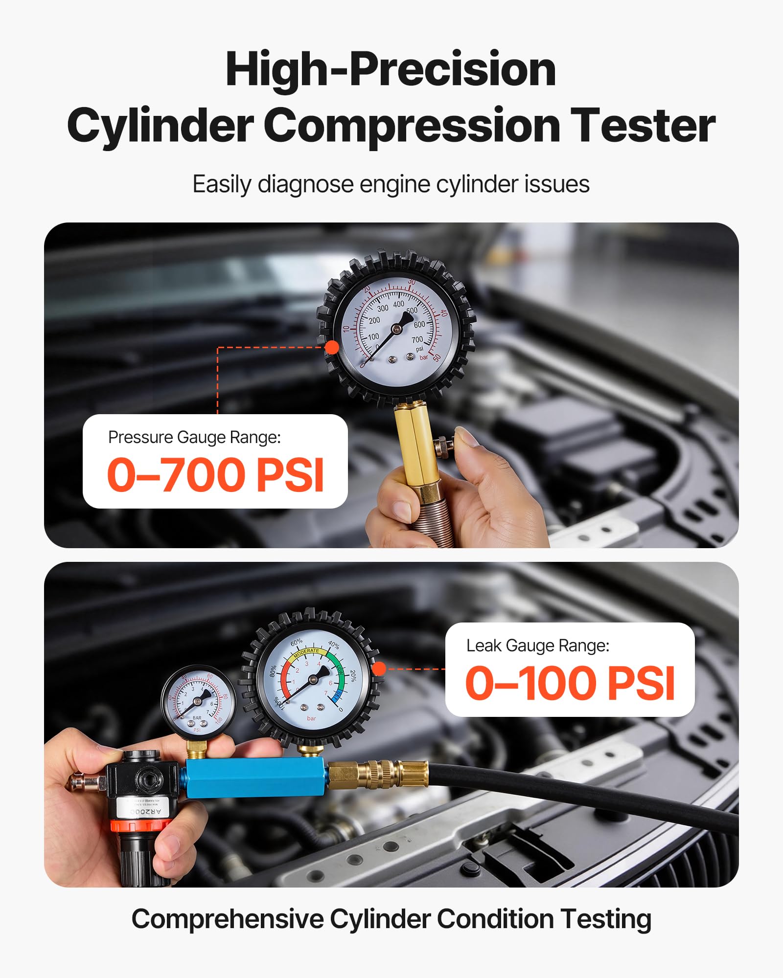 VEVOR Kit de Prueba de Compresión de Cilindros de Motor, Manómetro de Presión de 0-700 PSI y Manómetro de Fugas de 0-100 PSI, Comprobador de Fugas de Cilindros con 4 Adaptadores para Automóviles