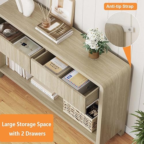 Miniatura 7 de FATORRI Mesa consola con 2 cajones y estantería de 5 cubos para sala de estar (nogal claro)