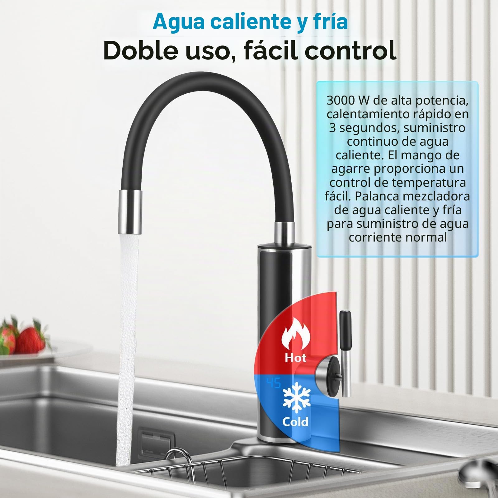 Calentador de Agua Electrico Instantaneo, 3000 W Grifo de Cocina con Indicador de Temperatura LCD, 360° Flexible Rotación, para Cocina Jardín Baño