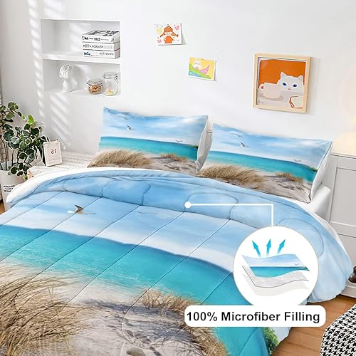 Miniatura 5 de MOVE OVER Juego de ropa de cama con temática de playa azul, tamaño Queen, 4 piezas, gaviota blanca y rocas marinas, patrón de paisaje marino azul