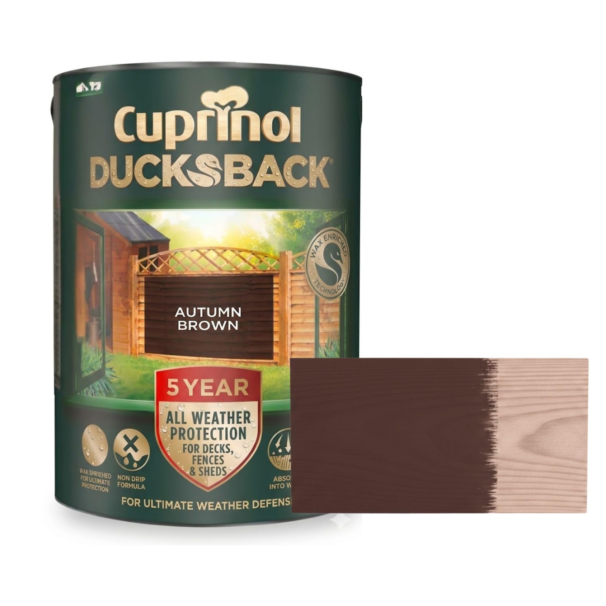 Aruuj 5L Ducksback Paint Autumn Brown, Fence Paint Extends Timber Life, Water Repellent Wood Treatment, Painting Shades Protects Against UV, Rain & Frost, Fast Drying Low Odour