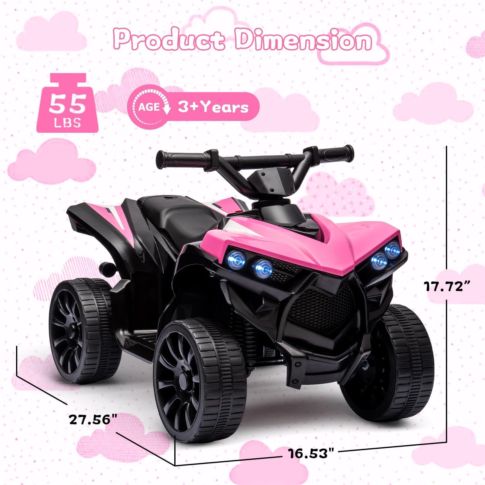 Quad Eléctrico Infantil de 1 Plaza 6 V con Pedal, 1,5 – 3 km/h, Coche Eléctrico para Niños con Música, Trompeta y Faros LED, Vehículo Todoterreno para Niños de 3 – 8 Años (Rosa)