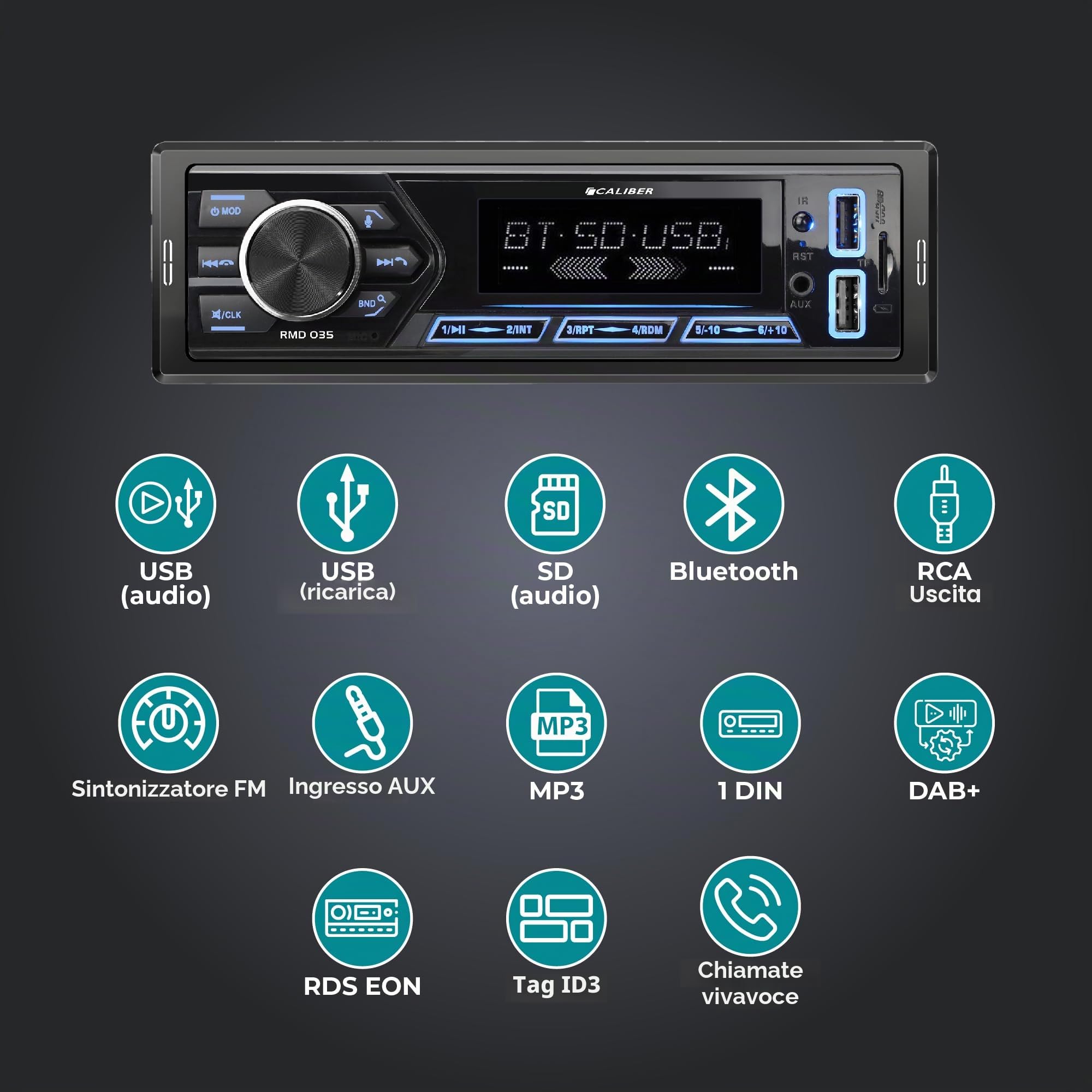 Caliber Autoradio Bluetooth 1DIN, sintonizzatore Dab+/FM, 4 x 55 W, USB/Micro SD, ricarica 2,1 A, ingresso ausiliario, vivavoce, uscita RCA, compatibile con MP3/WMA/APE/FLAC/AAC