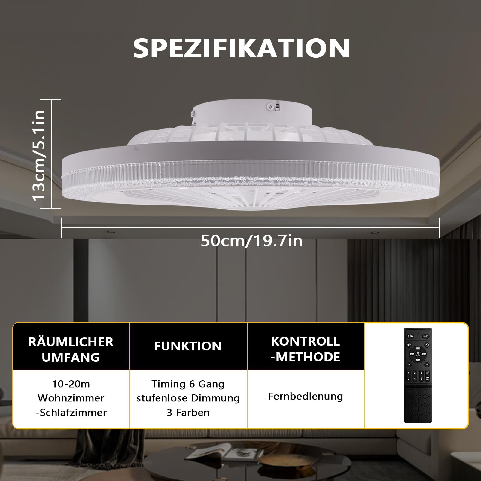 LED Deckenleuchte mit Ventilator,70W Deckenventilator mit Beleuchtung und Fernbedienung Leise & APP,3000-6500K 6 Geschwindigkeiten Lampe mit Leise Ventilator für Wohnzimmer Schlafzimmer,Ø50cm