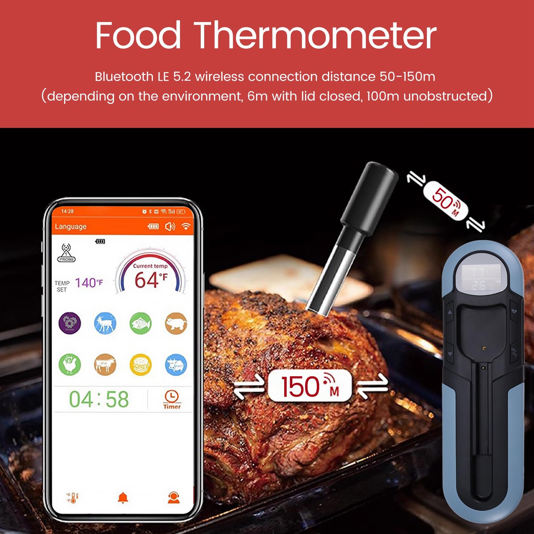 Termómetro Inalámbrico para Alimentos, Carne, Bistec, Digital, Bluetooth, Accesorios para Barbacoa, Cocina, Horno, Parrilla, Barbacoa, Termómetros Inteligentes A