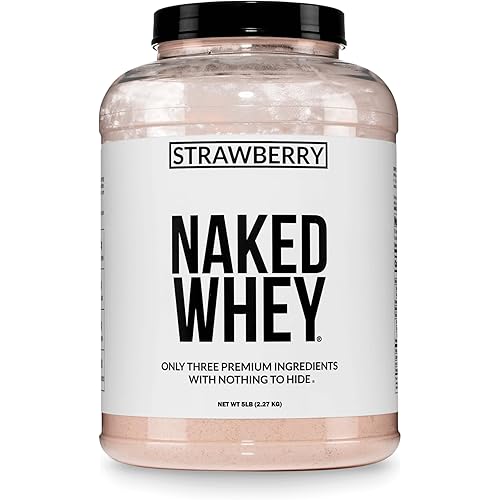 NAKED Strawberry Whey Protein - All Natural Grass Fed Whey Protein Powder + Dried Strawberries + Coconut Sugar- 5lb Bulk, GMO-Free, Soy Free, Gluten Free. Aid Muscle Growth & Recovery - 61 Servings