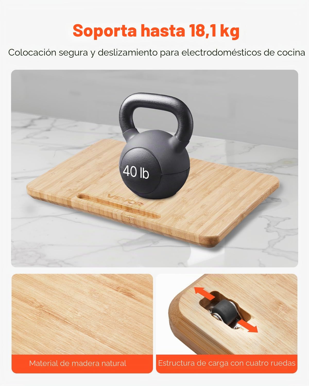 VEVOR Deslizador para Electrodomésticos 267 x 330 x 21 mm Bandeja Deslizante de Madera Grosor de 1,8 cm con Ruedas de Goma y Asa Hueca Ideal para Cafeteras y Encimeras de Cocina, Color Madera