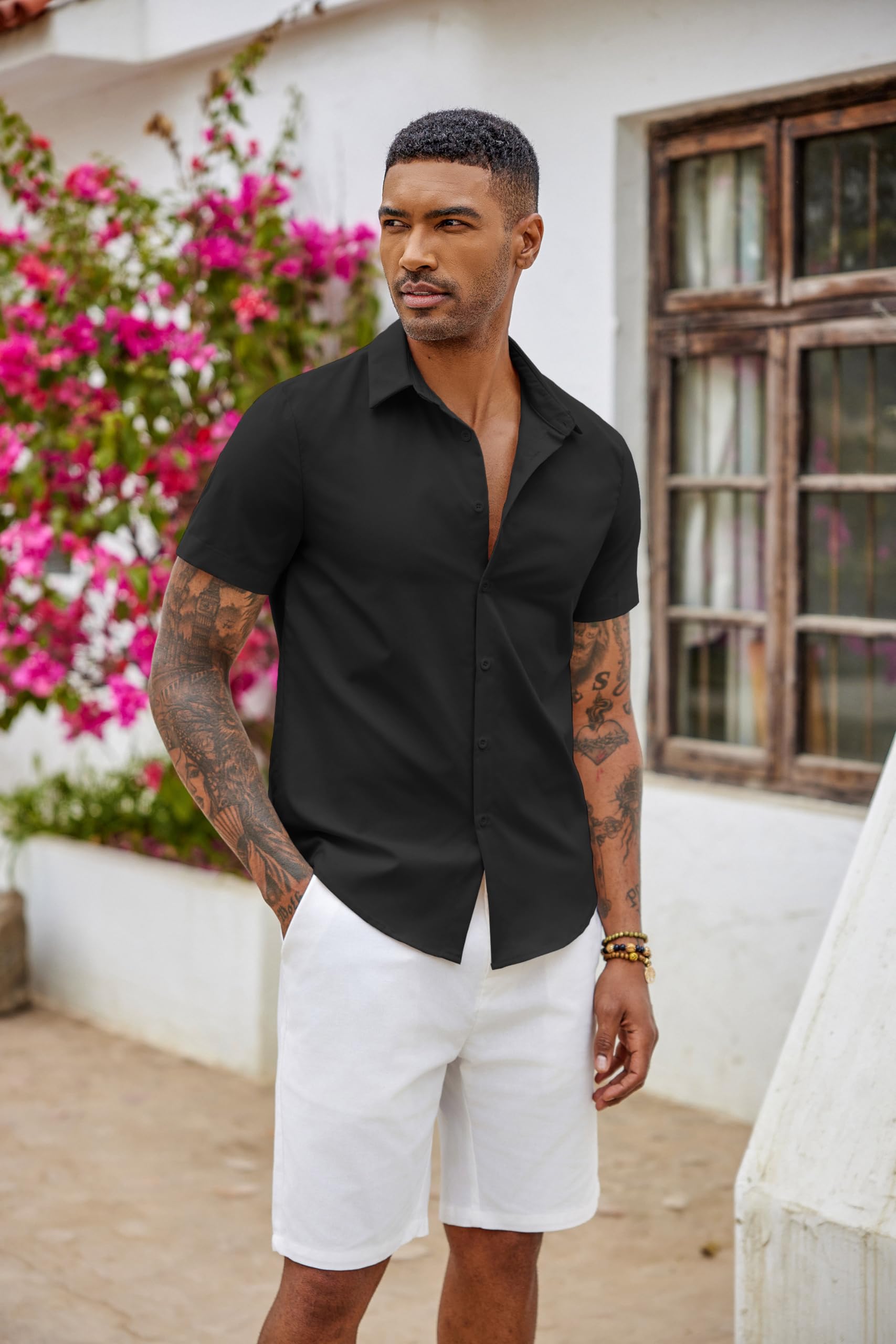 COOFANDY Męska koszula z krótkim rękawem, elastyczna, krój slim fit, koszula rekreacyjna, nie wymaga prasowania, koszula biznesowa, letnia koszula męska z krótkim rękawem, jednokolorowa, basic shirt