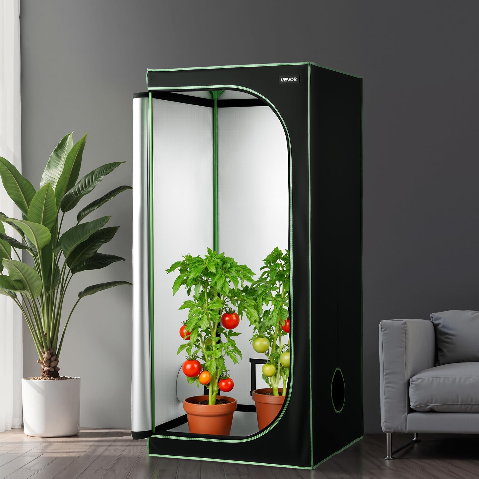 VEVOR Armario de Cultivo Interior 80 x 80 x 180 cm, Carpa de Cultivo con Ventana de Observación, Bandeja de Suelo y Cremallera, Mylar 600D de Alta Reflectancia, Tienda para Plantas, Flores, Verduras