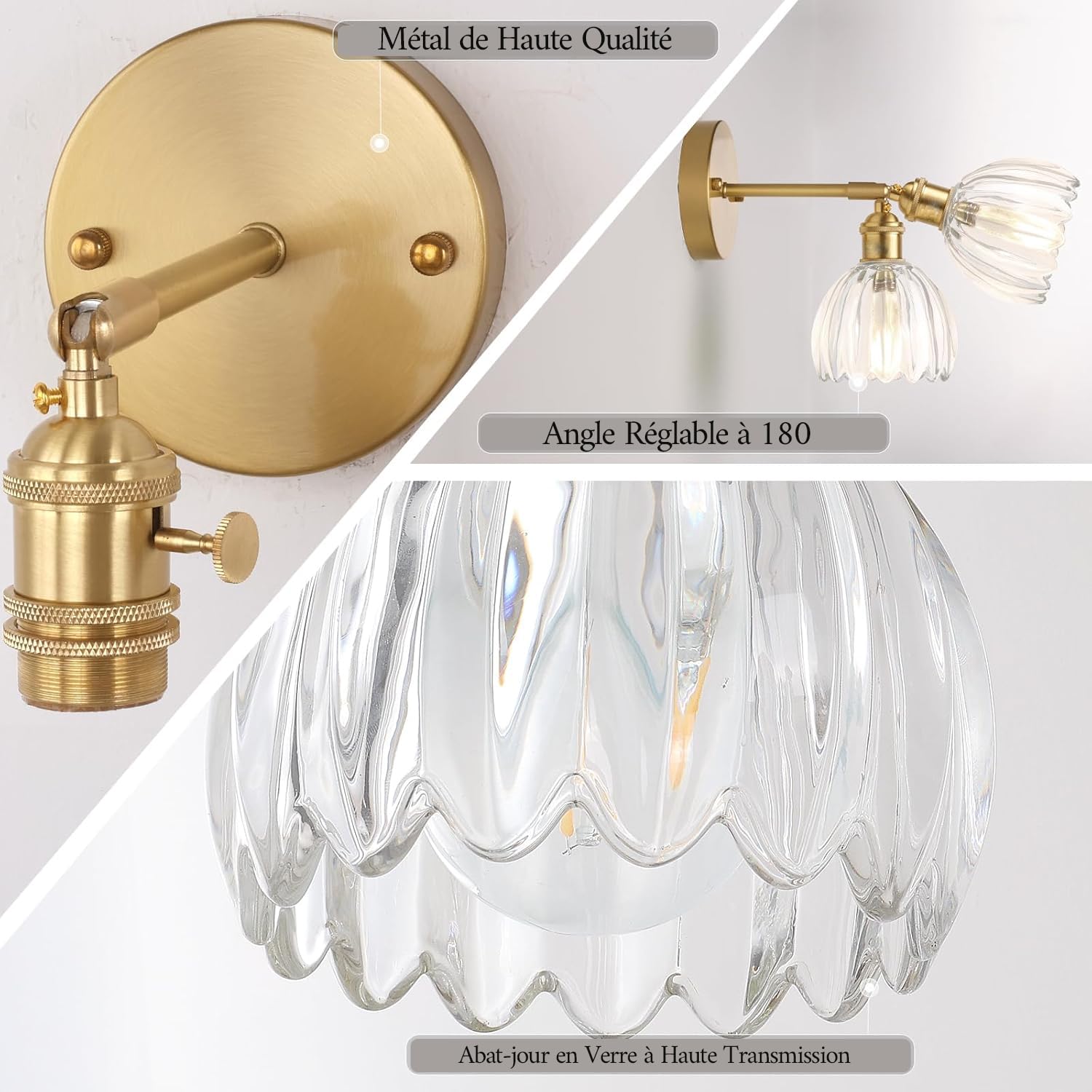 Applique Murale Vintage Fleur Laiton Doré Verre Interrupteur E27 Lampe Murale Salle de Bain